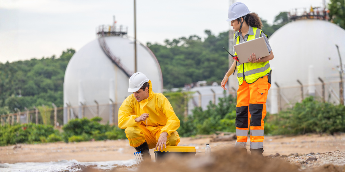Two environmental engineers in safety gear inspecting soil at an industrial site.